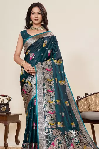 teal blue color embroidery with zari work satin saree with blouse