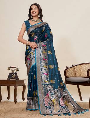blue color embroidery with zari work satin saree with blouse 1