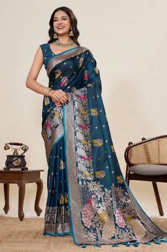 blue color embroidery with zari work satin saree with blouse