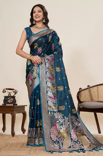 blue color embroidery with zari work satin saree with blouse