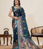 blue color embroidery with zari work satin saree with blouse