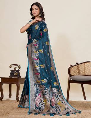 blue color embroidery with zari work satin saree with blouse 3