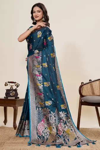 blue color embroidery with zari work satin saree with blouse