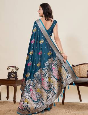 blue color embroidery with zari work satin saree with blouse 4