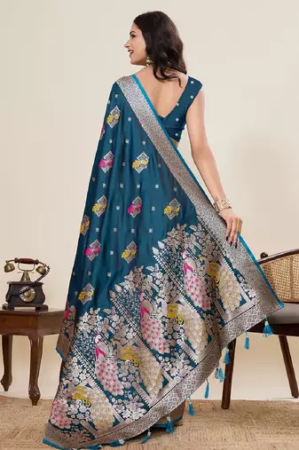 blue color embroidery with zari work satin saree with blouse