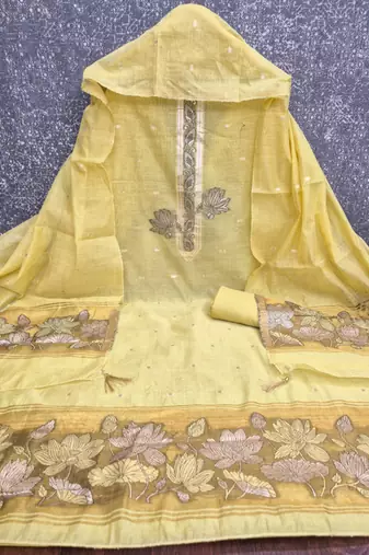 Muga cotton jamdani pichwai weaving unstitched suit with heavy santoon bottom and matching dupatta