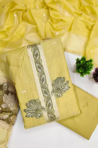 Muga cotton jamdani pichwai weaving unstitched suit with heavy santoon bottom and matching dupatta