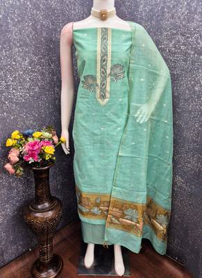 Muga cotton jamdani pichwai weaving unstitched suit with heavy santoon bottom and matching dupatta 2