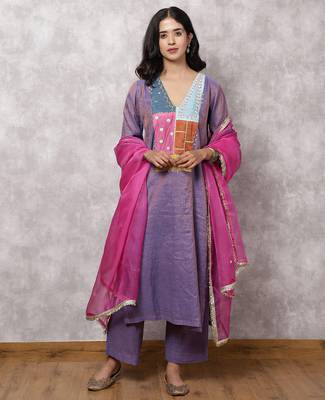 Purple tissue chanderi patchwork yoke suit set with dupatta, stitched 1