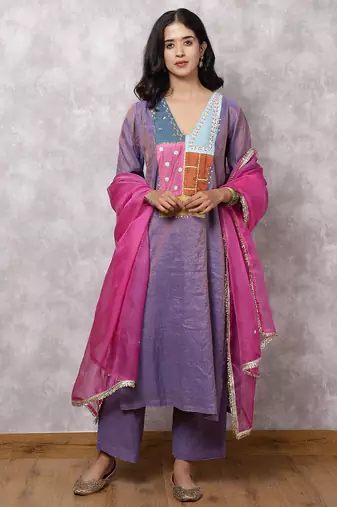 Purple tissue chanderi patchwork yoke suit set with dupatta