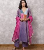 Purple tissue chanderi patchwork yoke suit set with dupatta, stitched