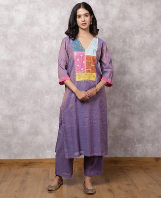 Purple tissue chanderi patchwork yoke suit set with dupatta, stitched 2