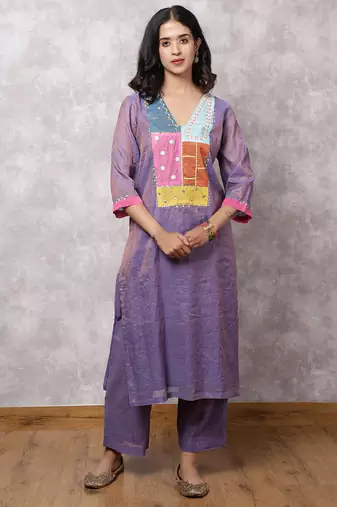 Purple tissue chanderi patchwork yoke suit set with dupatta
