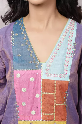 Purple tissue chanderi patchwork yoke suit set with dupatta