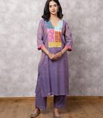 Purple tissue chanderi patchwork yoke suit set, stitched