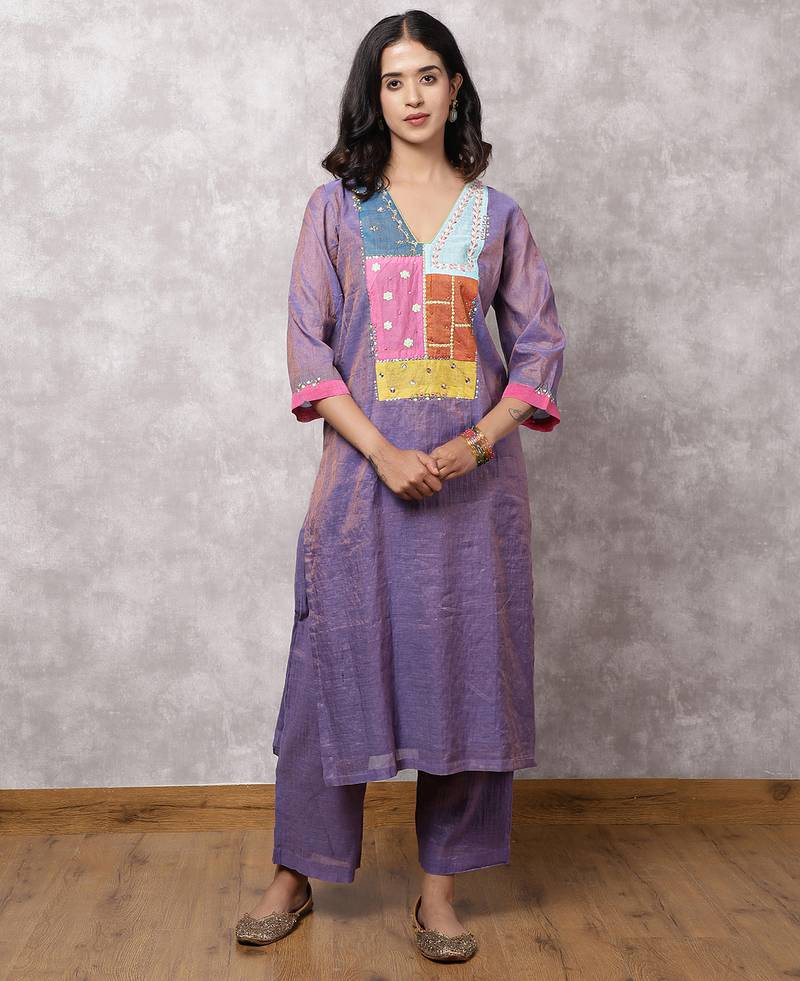 Purple tissue chanderi patchwork yoke suit set, stitched