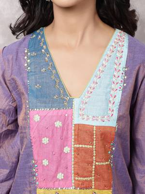 Purple tissue chanderi patchwork yoke suit set, stitched 2