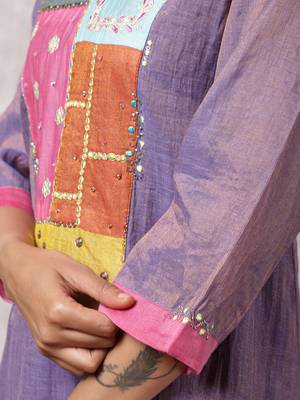 Purple tissue chanderi patchwork yoke suit set, stitched 3