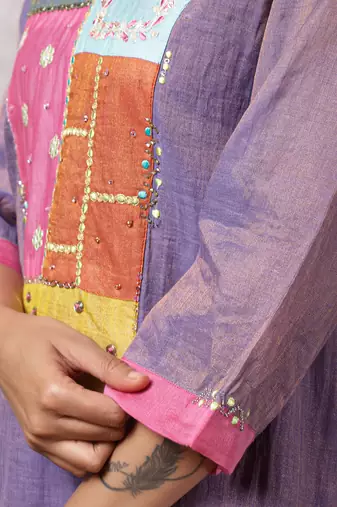 Purple tissue chanderi patchwork yoke suit set