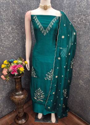 Vichitra silk embroidered unstitched suit with heavy santoon bottom and vichitra silk dupatta 2