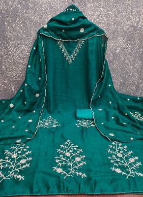 Vichitra silk embroidered unstitched suit with heavy santoon bottom and vichitra silk dupatta 3
