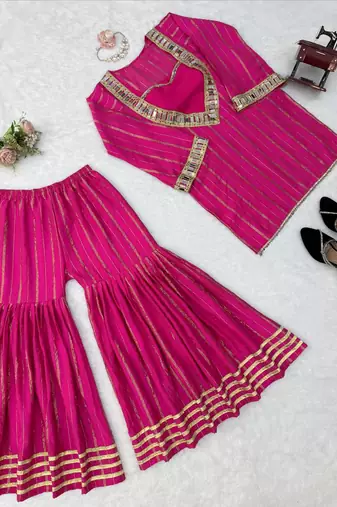 rani pink color mirror work silk blend salwar kameez 