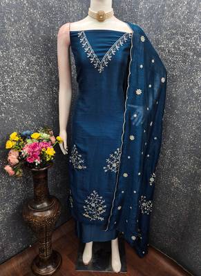 Vichitra silk embroidered unstitched suit with heavy santoon bottom and vichitra silk dupatta 2