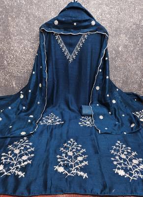 Vichitra silk embroidered unstitched suit with heavy santoon bottom and vichitra silk dupatta 3