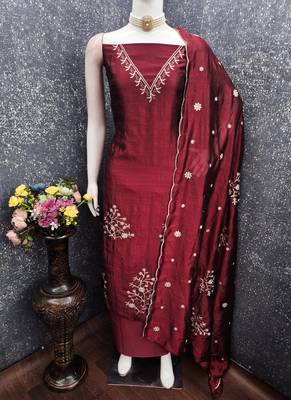 Vichitra silk embroidered unstitched suit with heavy santoon bottom and vichitra silk dupatta 2