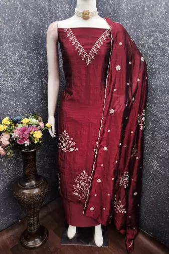 Vichitra silk embroidered unstitched suit with heavy santoon bottom and vichitra silk dupatta