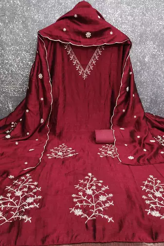 Vichitra silk embroidered unstitched suit with heavy santoon bottom and vichitra silk dupatta