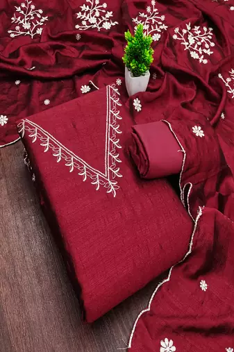 Vichitra silk embroidered unstitched suit with heavy santoon bottom and vichitra silk dupatta