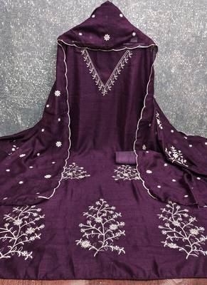 Vichitra silk embroidered unstitched suit with heavy santoon bottom and vichitra silk dupatta 3