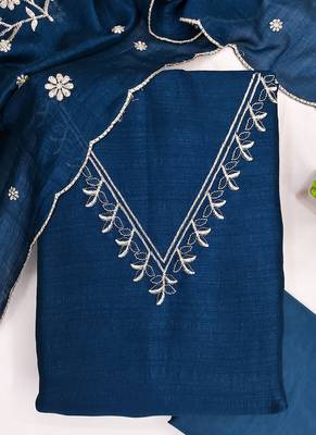 Vichitra silk embroidered unstitched suit with heavy santoon bottom and vichitra silk dupatta 6