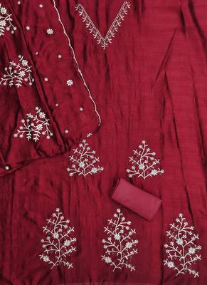Vichitra silk embroidered unstitched suit with heavy santoon bottom and vichitra silk dupatta 5