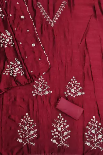 Vichitra silk embroidered unstitched suit with heavy santoon bottom and vichitra silk dupatta