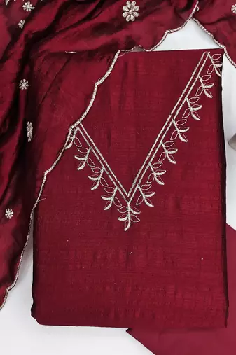 Vichitra silk embroidered unstitched suit with heavy santoon bottom and vichitra silk dupatta