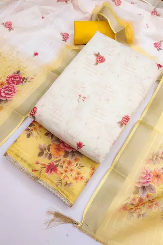 Simmer print unstitched suit with heavy santoon bottom and soft cotton dupatta