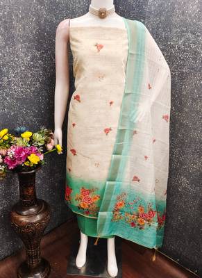 Simmer print unstitched suit with heavy santoon bottom and soft cotton dupatta 2