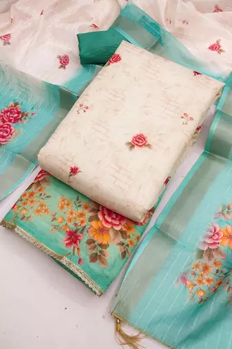 Simmer print unstitched suit with heavy santoon bottom and soft cotton dupatta