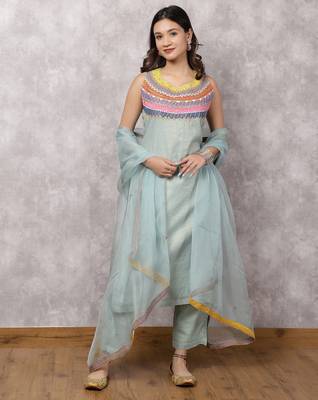 Aqua tissue chanderi colorblock yoke suit set with dupatta 1