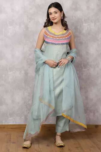 Aqua tissue chanderi colorblock yoke suit set with dupatta