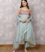 Aqua tissue chanderi colorblock yoke suit set with dupatta