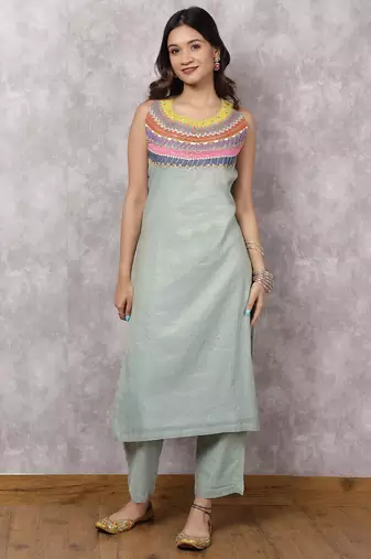 Aqua tissue chanderi colorblock yoke suit set with dupatta