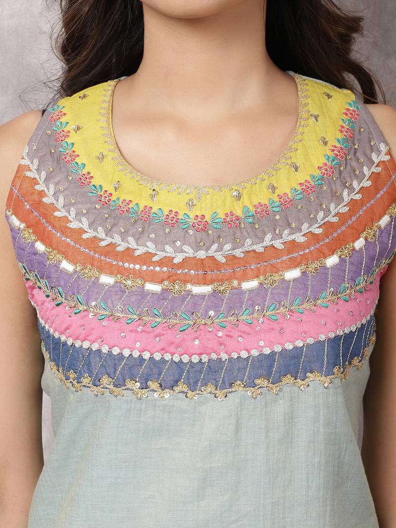 Aqua tissue chanderi colorblock yoke suit set with dupatta