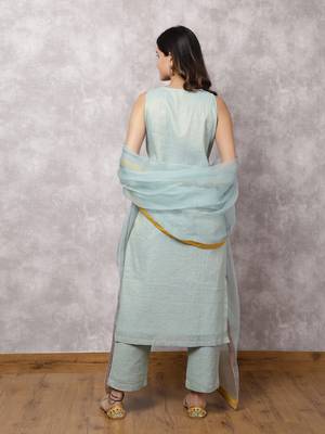 Aqua tissue chanderi colorblock yoke suit set with dupatta 4
