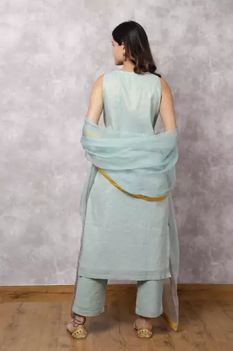Aqua tissue chanderi colorblock yoke suit set with dupatta