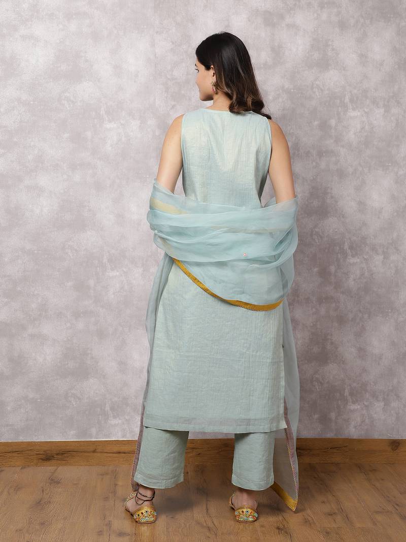 Aqua tissue chanderi colorblock yoke suit set with dupatta