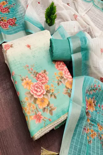 Simmer print unstitched suit with heavy santoon bottom and soft cotton dupatta