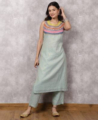 Aqua tissue chanderi colorblock yoke suit set 1